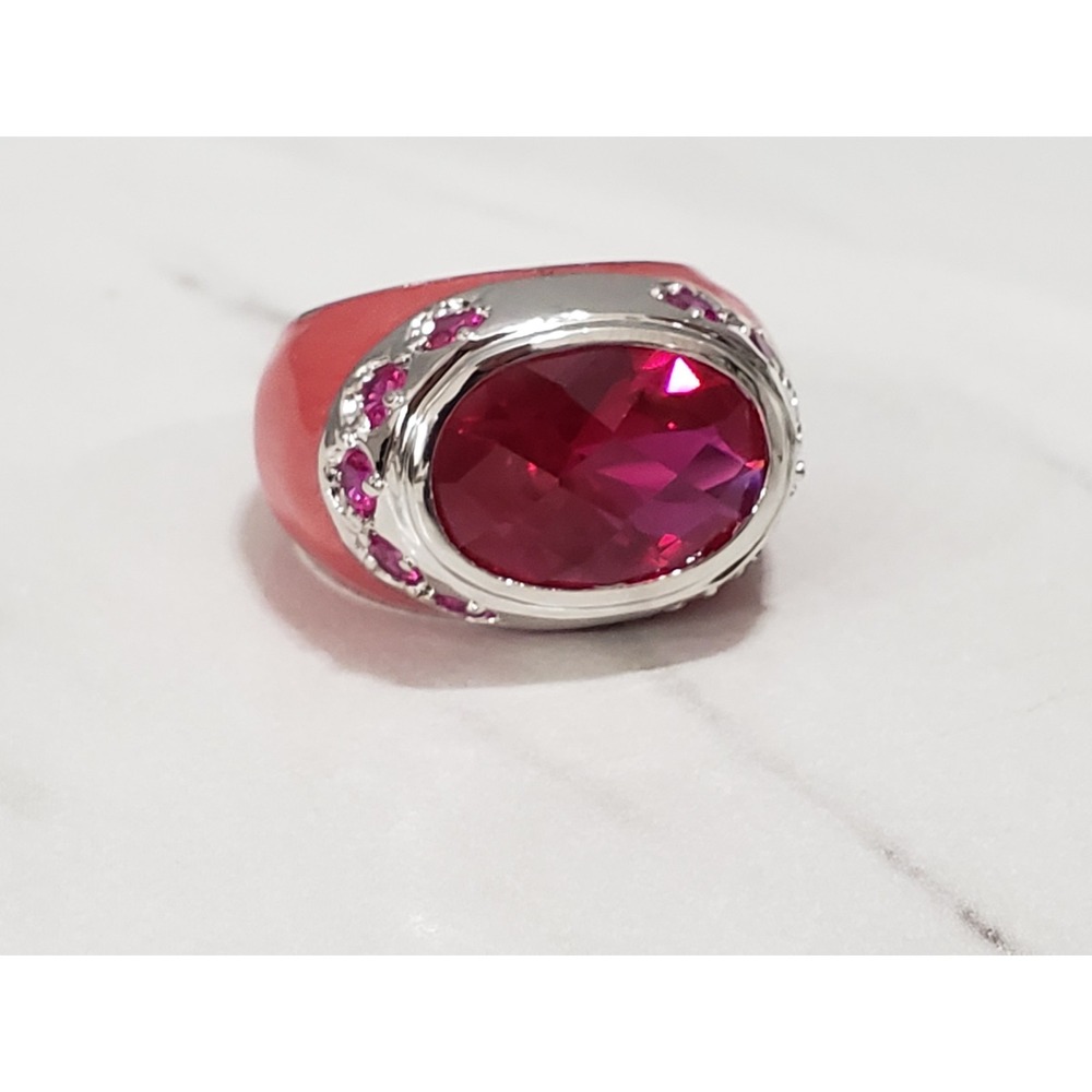 Lauren G Adams Rhinestone Cubic Zirconia HOT PINK enamel ring Art Deco Cocktail
